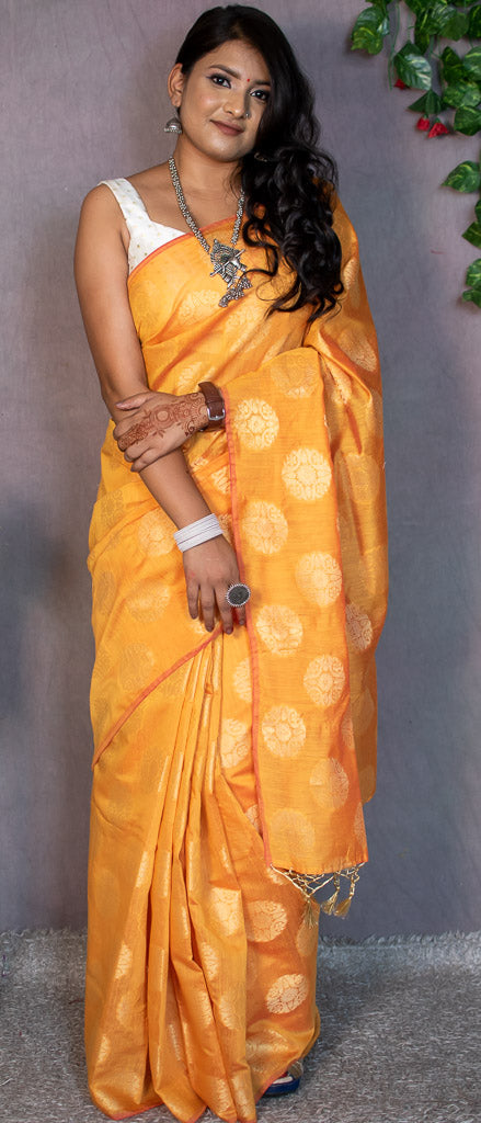 Banarasi Cotton  Silk Saree With Round Buta Weaving-Orange