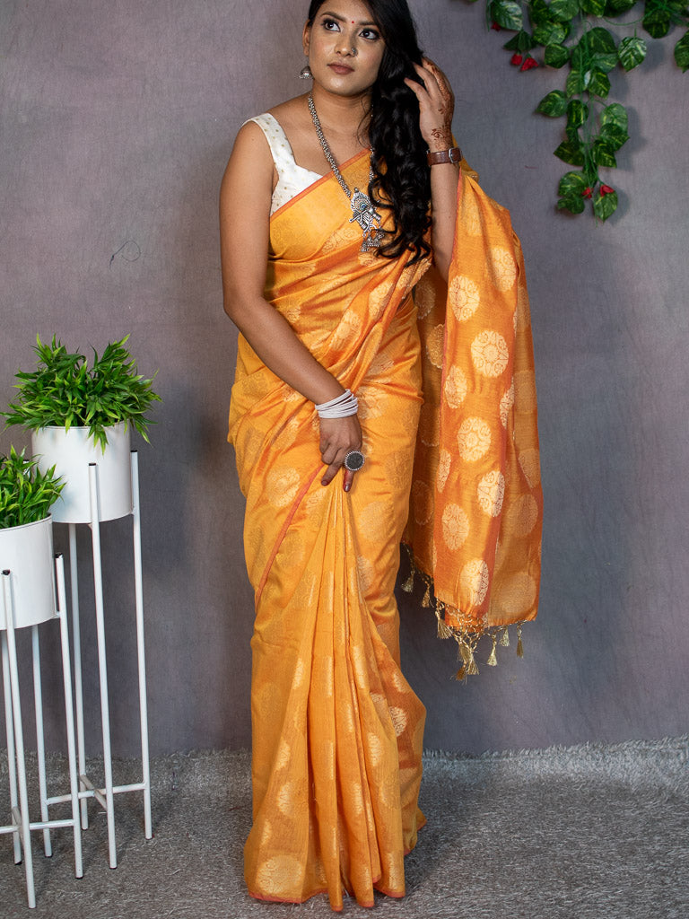 Banarasi Cotton  Silk Saree With Round Buta Weaving-Orange