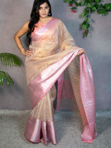 Banarasi Organza Saree With Zari Weaving & Contrast Skirt Border-Pink