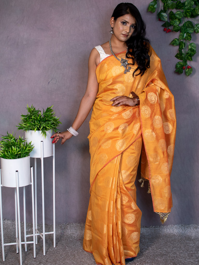 Banarasi Cotton  Silk Saree With Round Buta Weaving-Orange