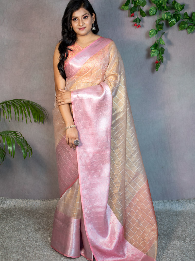 Banarasi Organza Saree With Zari Weaving & Contrast Skirt Border-Pink