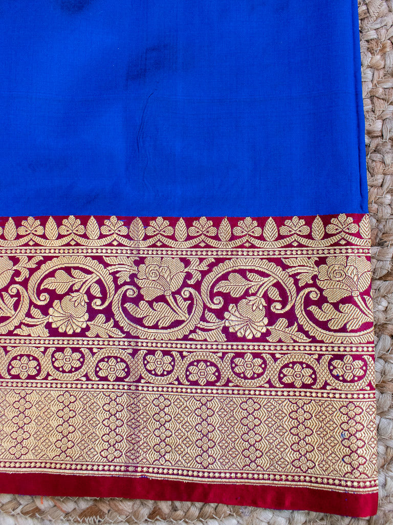 Banarasi Pure Katan Silk Saree With Contrast Border & Blouse-Royal Blue
