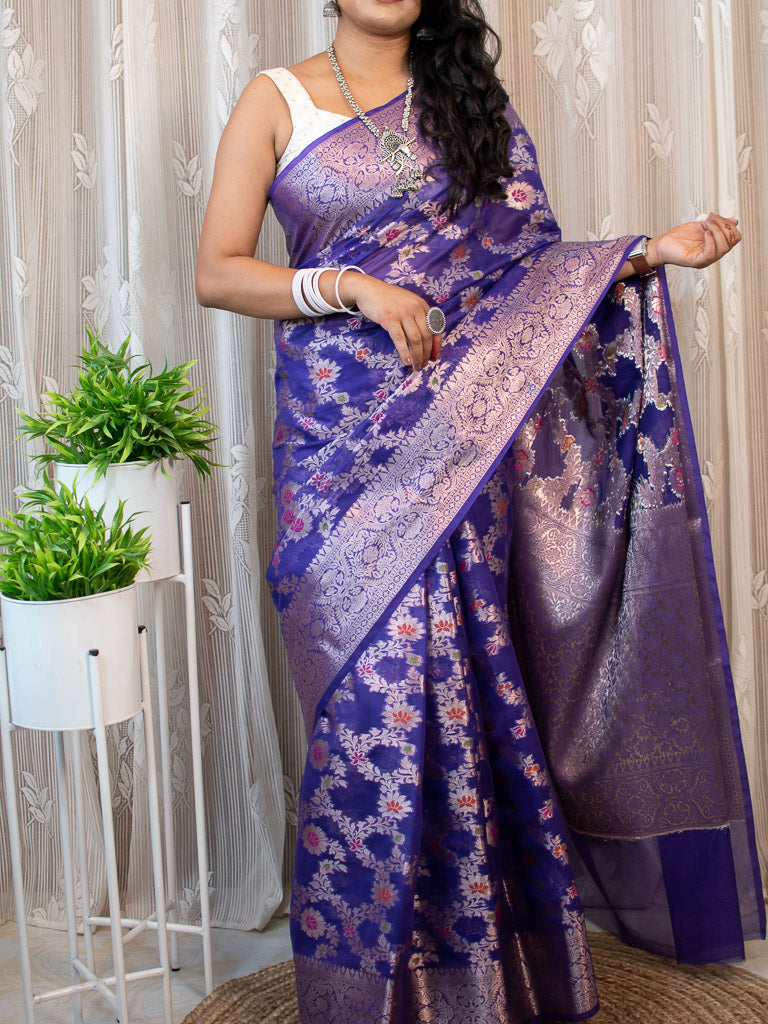 Banarasi Semi Silk Saree With Jaal Zari & Meena Weaving-Deep Purple