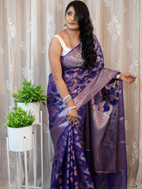 Banarasi Semi Silk Saree With Jaal Zari & Meena Weaving-Deep Purple