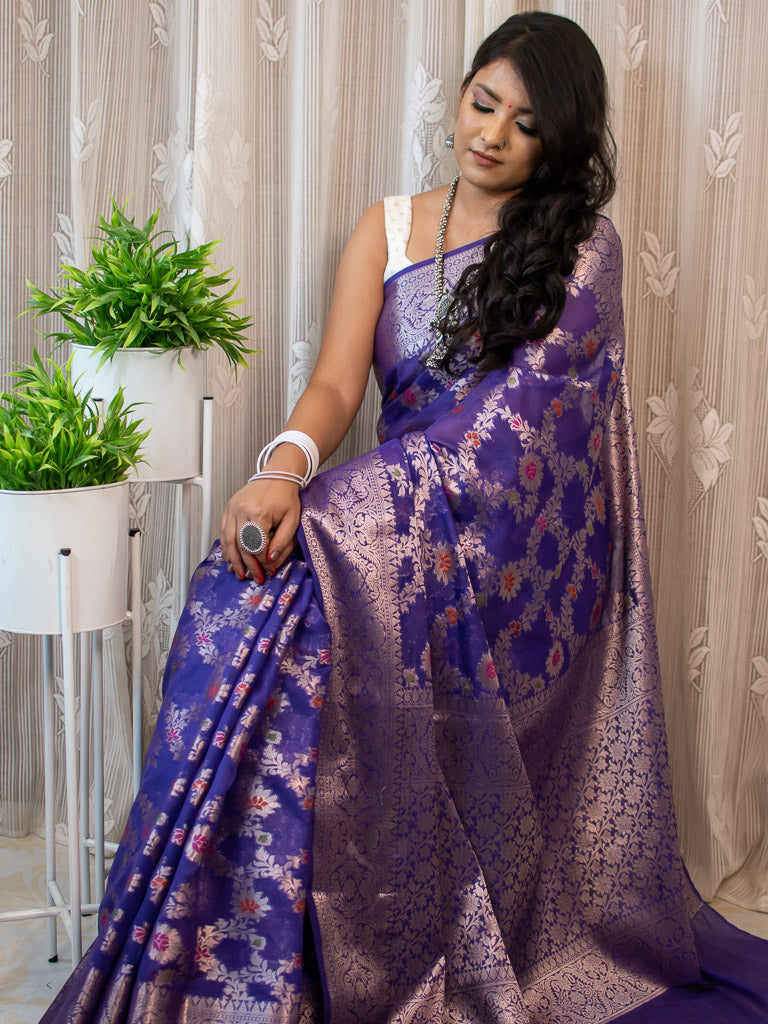 Banarasi Semi Silk Saree With Jaal Zari & Meena Weaving-Deep Purple