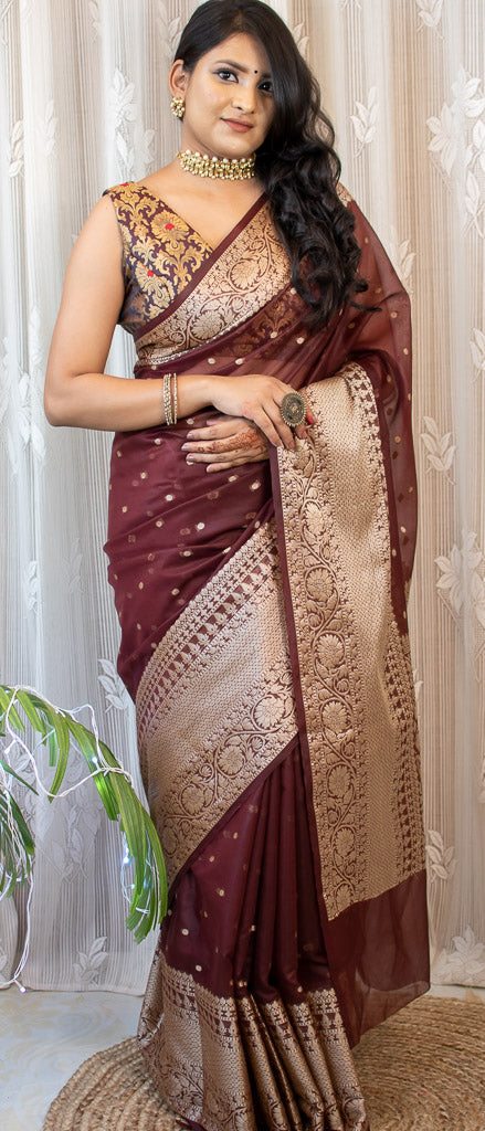 Banarasi Cotton Silk Saree With Zari Polka Dots Weaving & Skirt Border-Brown