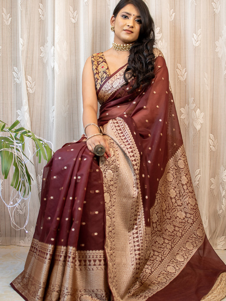 Banarasi Cotton Silk Saree With Zari Polka Dots Weaving & Skirt Border-Brown