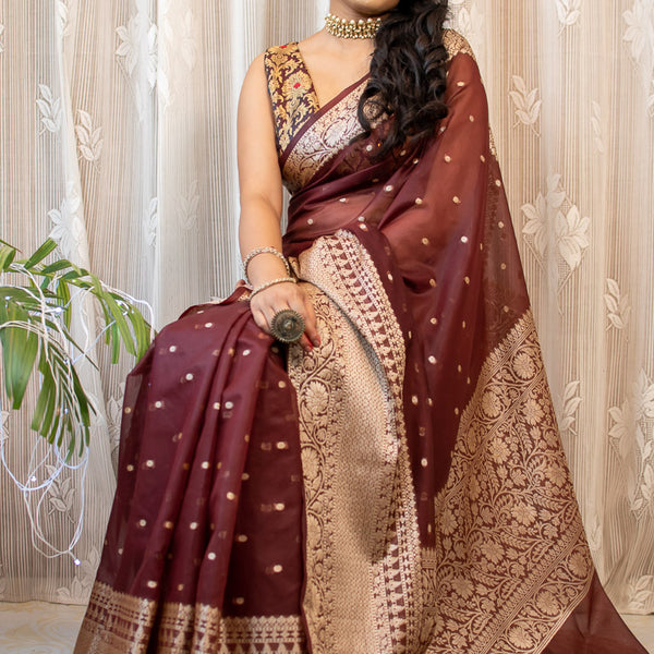 Brown Silk Saree with Embroidered Pallu - Anil Kumar Sunil Kumar Sarees