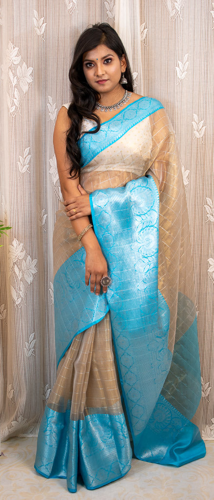 Banarasi organza Saree With Zari Weaving & Contrast Skirt Border-Blue