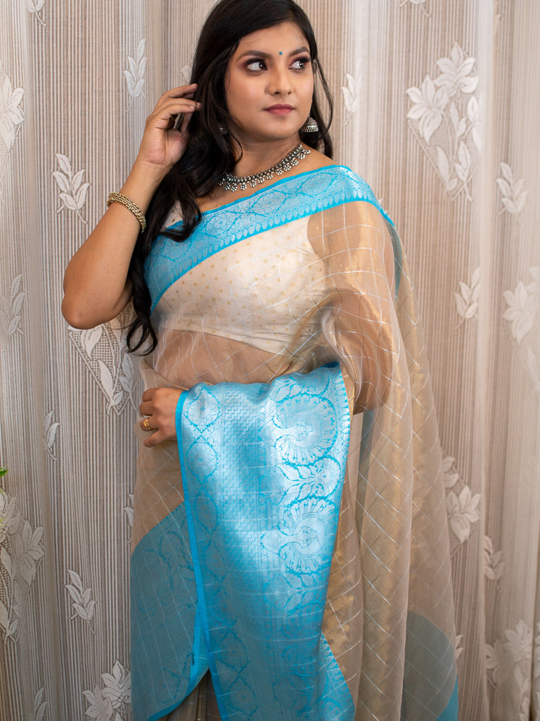 Banarasi organza Saree With Zari Weaving & Contrast Skirt Border-Blue