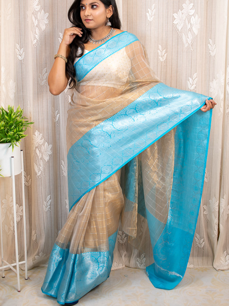 Banarasi organza Saree With Zari Weaving & Contrast Skirt Border-Blue