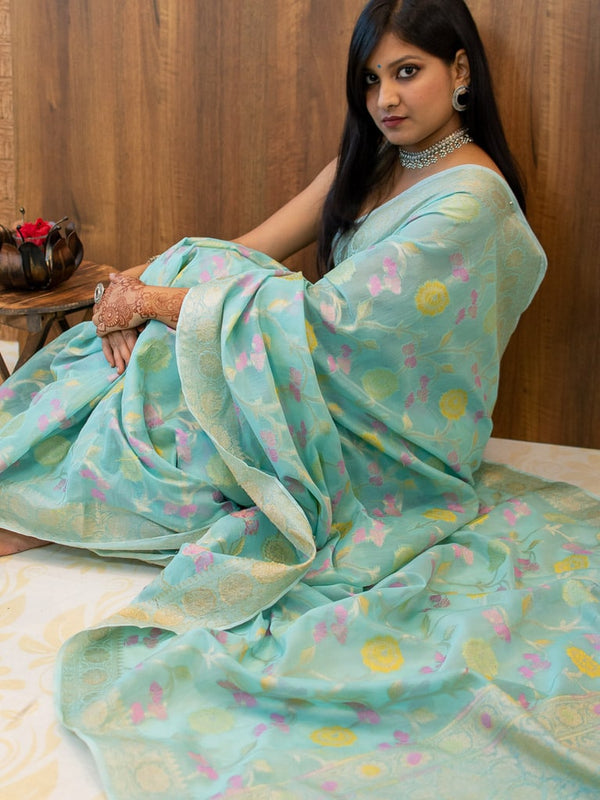 Banarasi Cotton Silk Resham & Zari Multi Coloured Jaal Weaving Saree-Blue