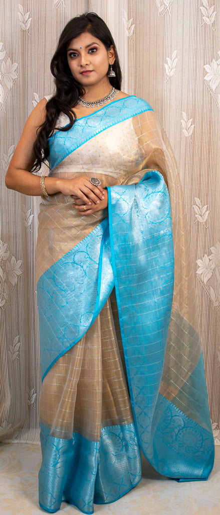 Banarasi organza Saree With Zari Weaving & Contrast Skirt Border-Blue