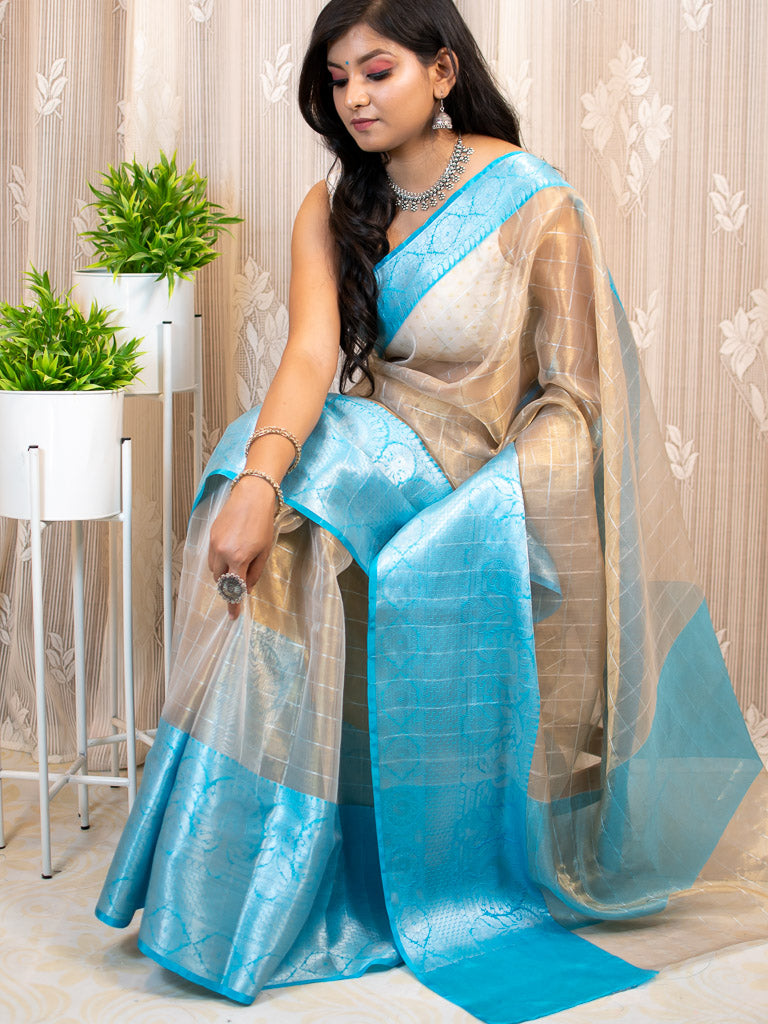 Banarasi organza Saree With Zari Weaving & Contrast Skirt Border-Blue