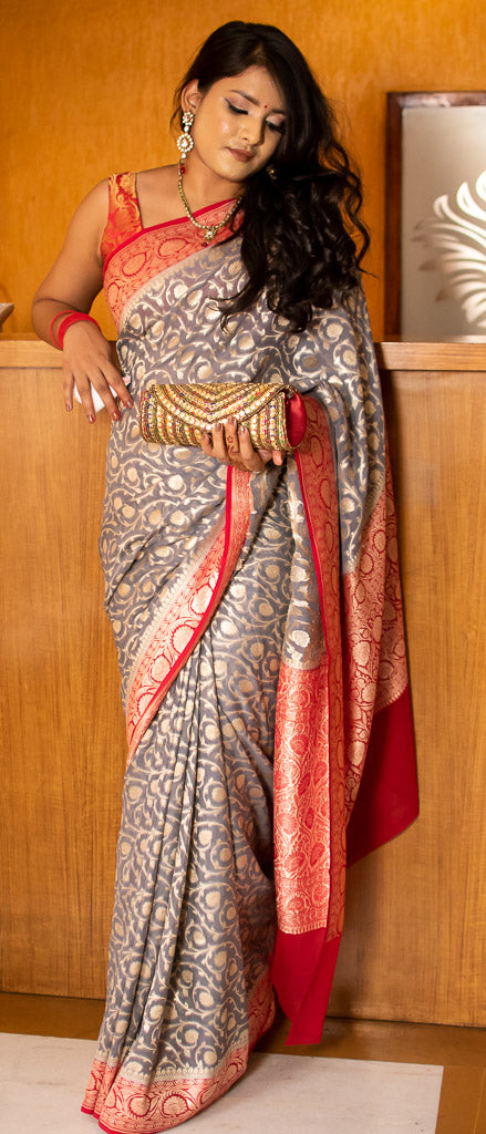 Banarasi Pure Khaddi Zari Jaal Georgette Saree With Contrast Border & Pallu-Grey