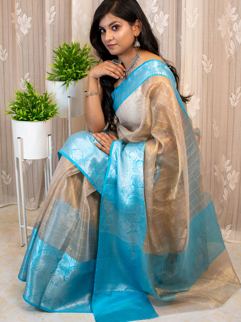 Banarasi organza Saree With Zari Weaving & Contrast Skirt Border-Blue