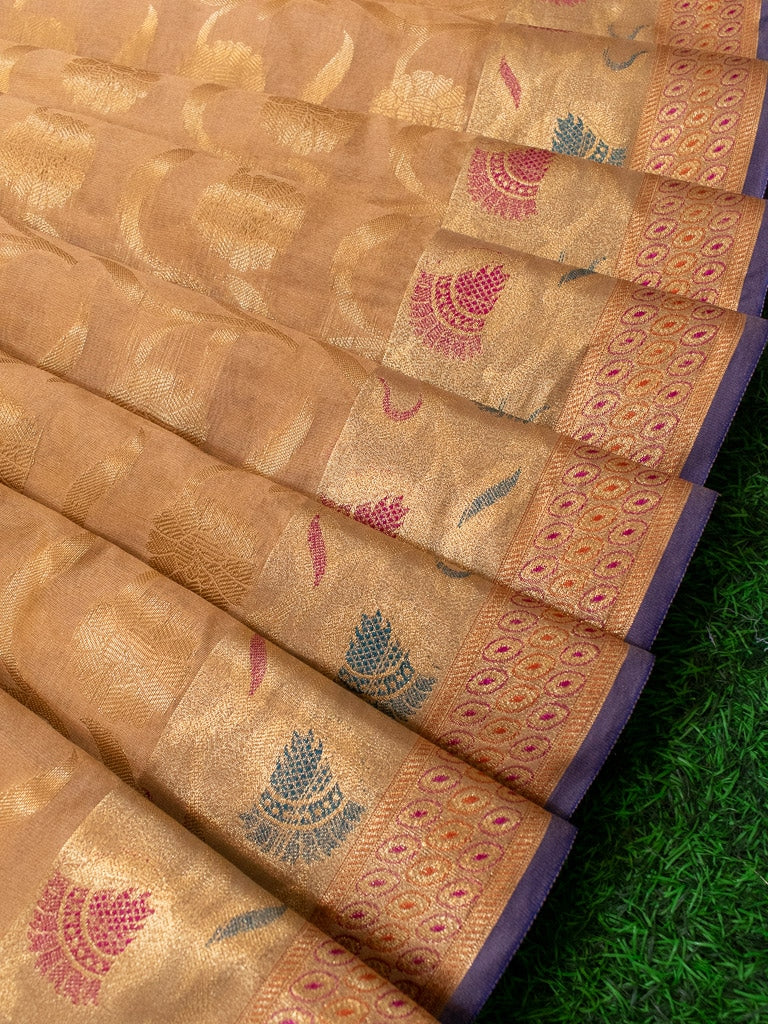 Banarasi Semi Silk Saree With Contrast Zari Jaal & Floral Weaving Border-Beige