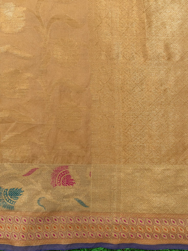 Banarasi Semi Silk Saree With Contrast Zari Jaal & Floral Weaving Border-Beige