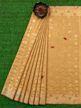 Banarasi Semi Silk Saree With Contrast Zari Jaal & Floral Weaving Border-Beige