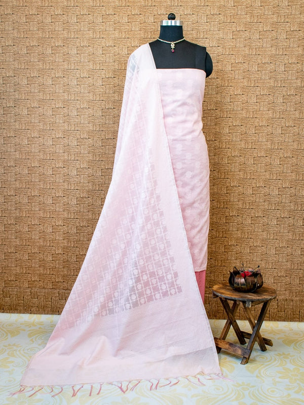 Banarasi Salwar Kameez Soft Cotton Rasham Weaving Fabric With Dupatta-Pink