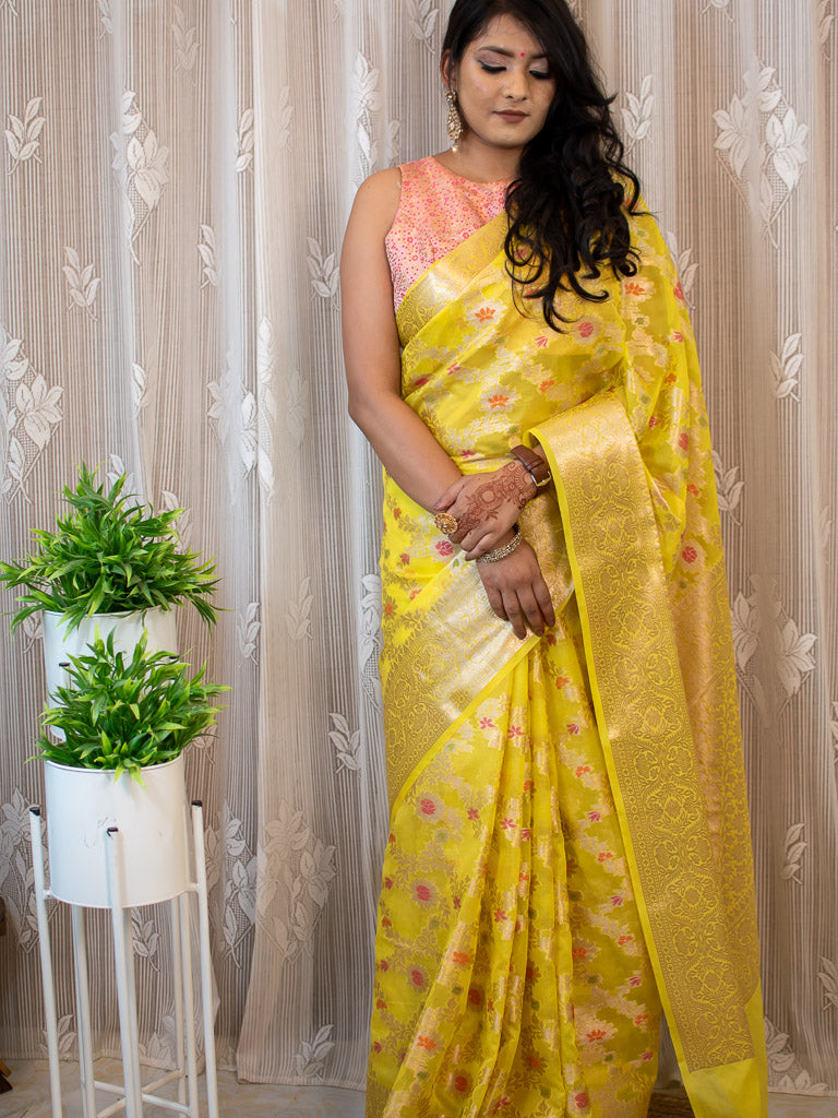 Banarasi Semi Silk Saree With Jaal Zari & Meena Weaving-Yellow