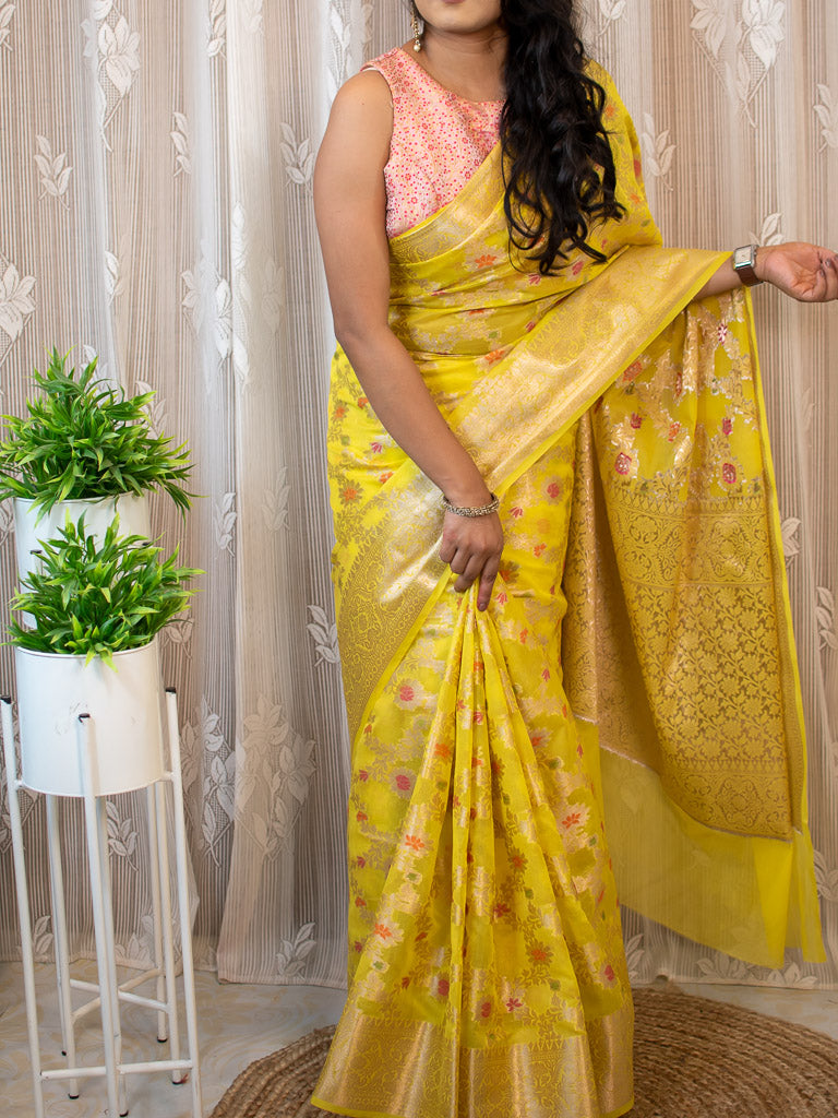 Banarasi Semi Silk Saree With Jaal Zari & Meena Weaving-Yellow