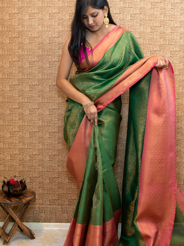 Banarasi Kora Muslin Saree With Tanchoi Weaving & Contrast  Border-Green