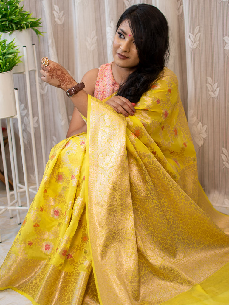 Banarasi Semi Silk Saree With Jaal Zari & Meena Weaving-Yellow