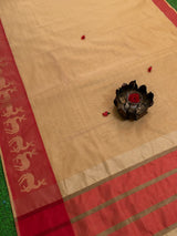 Banarasi Cotton Silk Saree Plain Body With Animal Weaving Border-Beige & Red