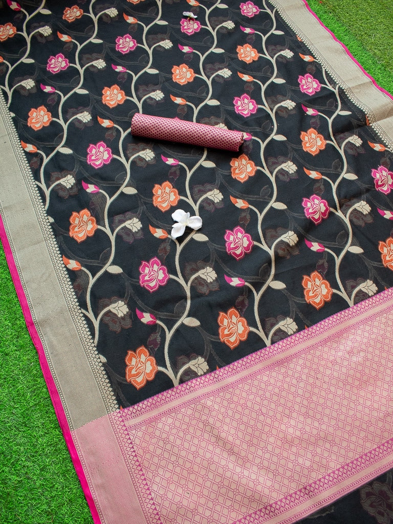 Banarasi Cotton Silk Resham & Zari Multi Jaal Weaving Saree-Black