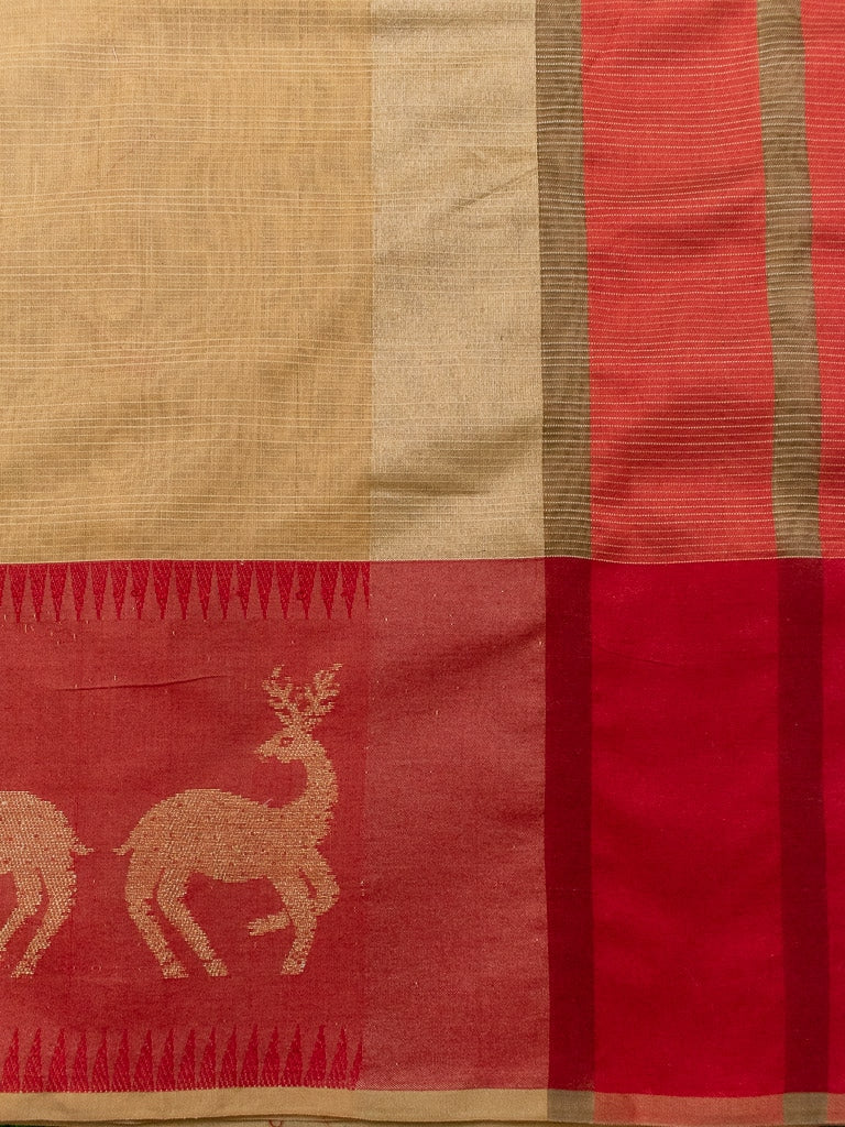 Banarasi Cotton Silk Saree Plain Body With Animal Weaving Border-Beige & Red