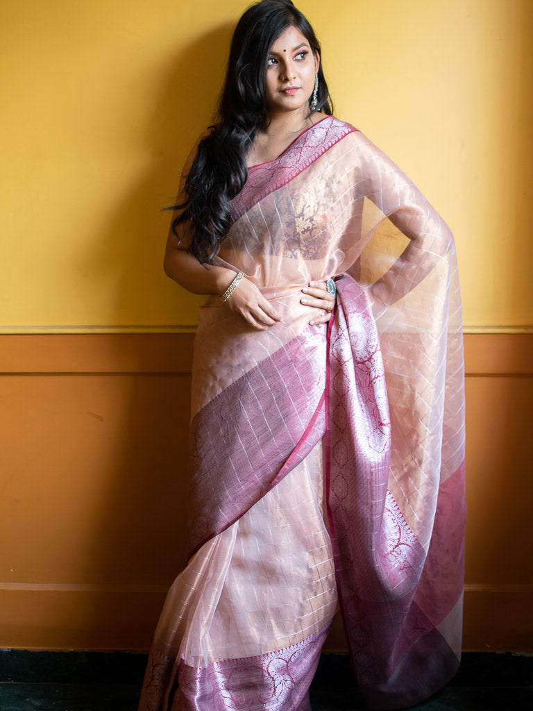 Banarasi organza Saree With Zari Weaving & Contrast Skirt Border-Brown