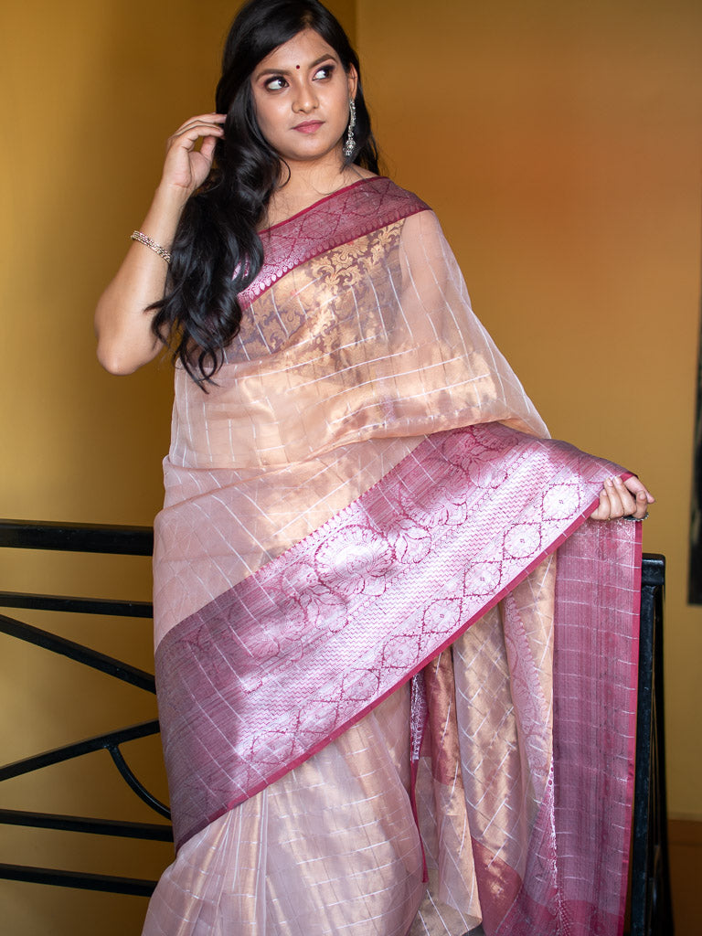 Banarasi organza Saree With Zari Weaving & Contrast Skirt Border-Brown