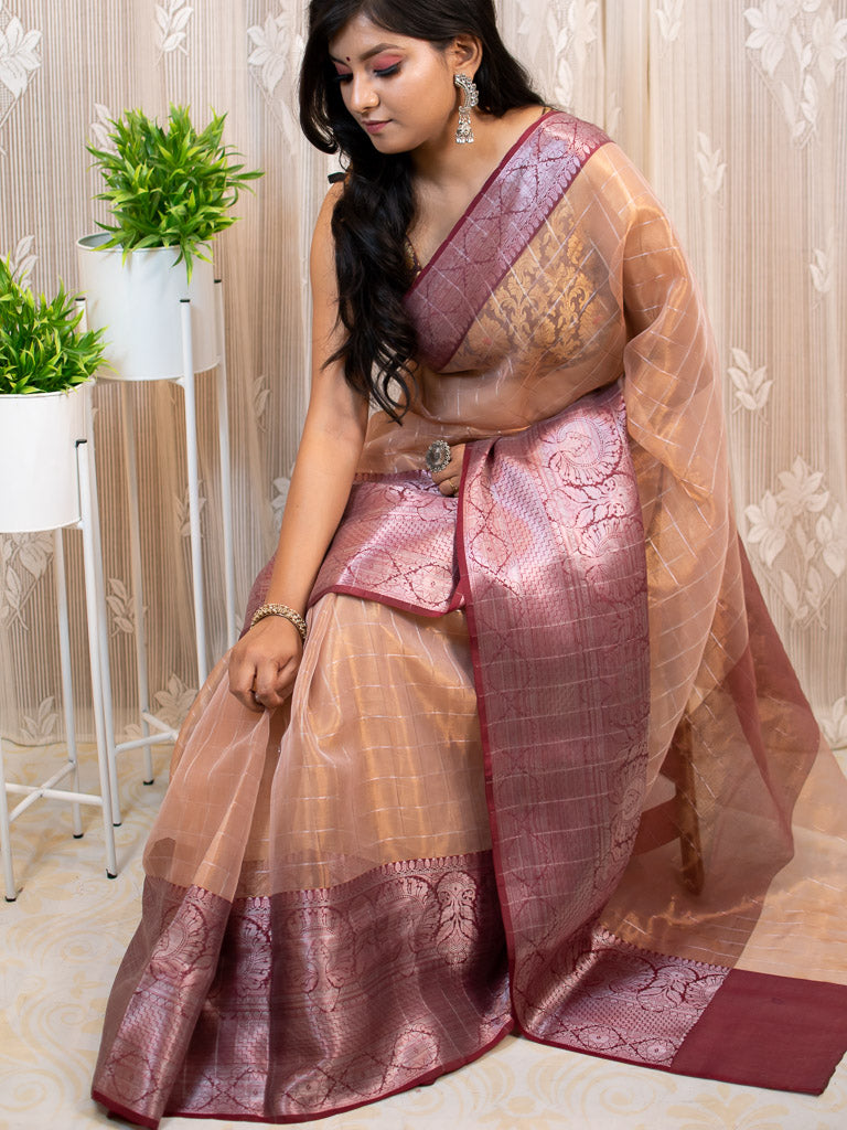 Banarasi organza Saree With Zari Weaving & Contrast Skirt Border-Brown