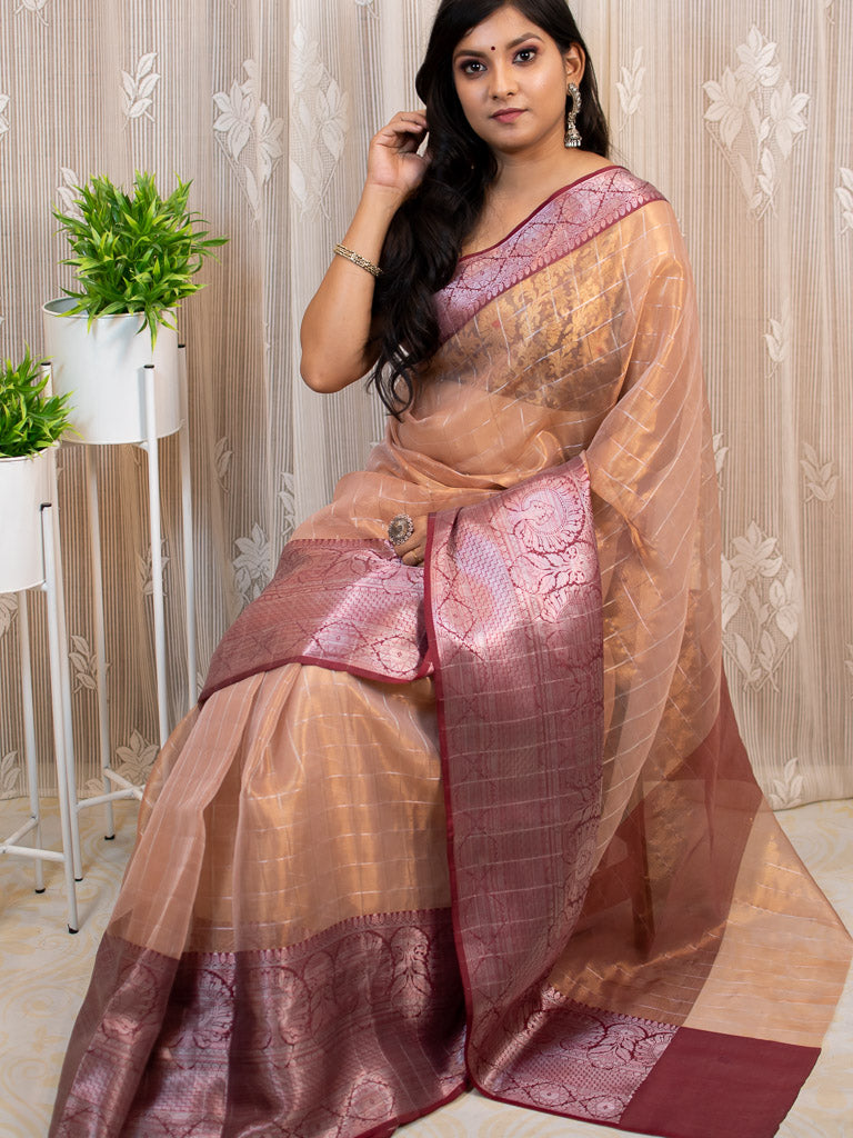 Banarasi organza Saree With Zari Weaving & Contrast Skirt Border-Brown