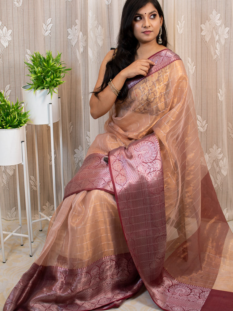 Banarasi organza Saree With Zari Weaving & Contrast Skirt Border-Brown