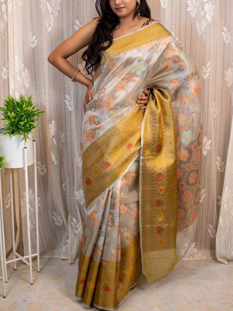 Banarasi Soft Tissue Saree With Zari & Resham Weaving & Contrast Skirt Border-Golden