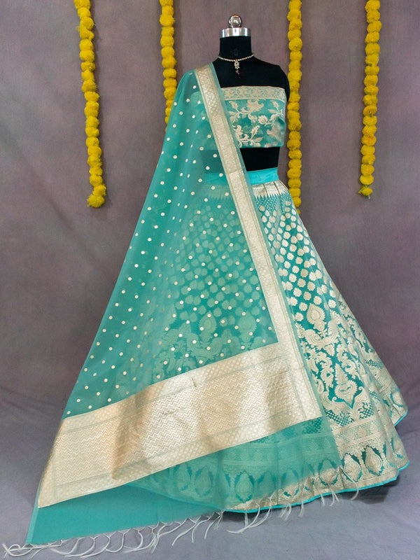 Banarasi Unstitched Lehenga & Blouse Fabric With Dupatta-Sea Green