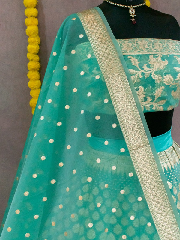 Banarasi Unstitched Lehenga & Blouse Fabric With Dupatta-Sea Green