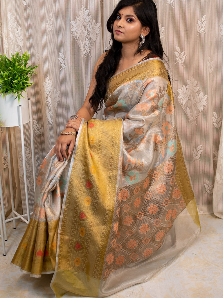 Banarasi Soft Tissue Saree With Zari & Resham Weaving & Contrast Skirt Border-Golden