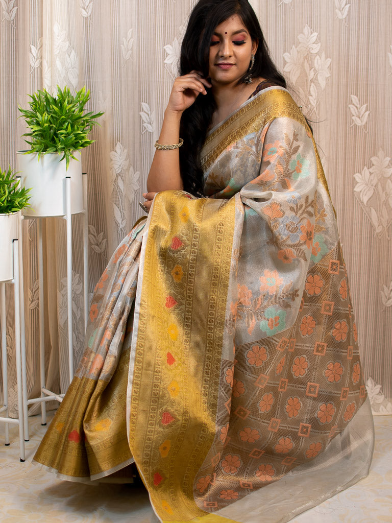 Banarasi Soft Tissue Saree With Zari & Resham Weaving & Contrast Skirt Border-Golden