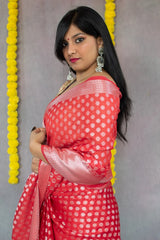 Banarasi Cotton Silk  Saree With Silver Zari Weaving- Red