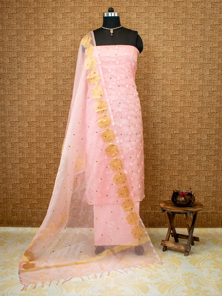 Banarasi Salwar Kameez Soft Cotton Rasham Weaving Embroidered  Fabric With Dupatta-Pink