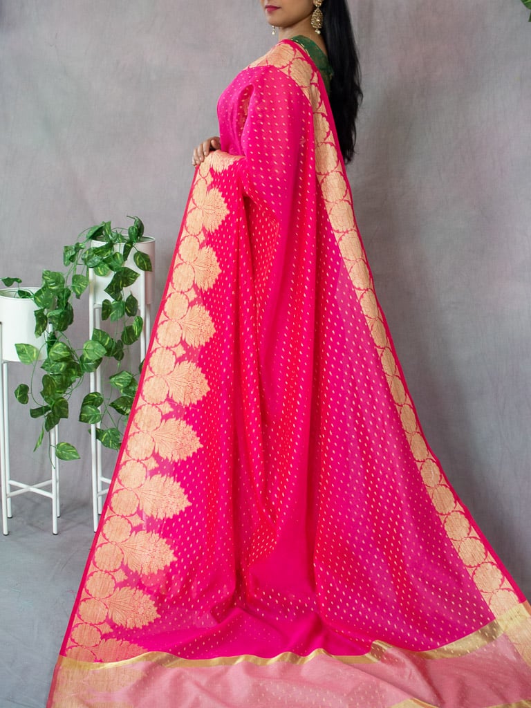 Banarasi Cotton Mix Saree With Floral Border -Pink