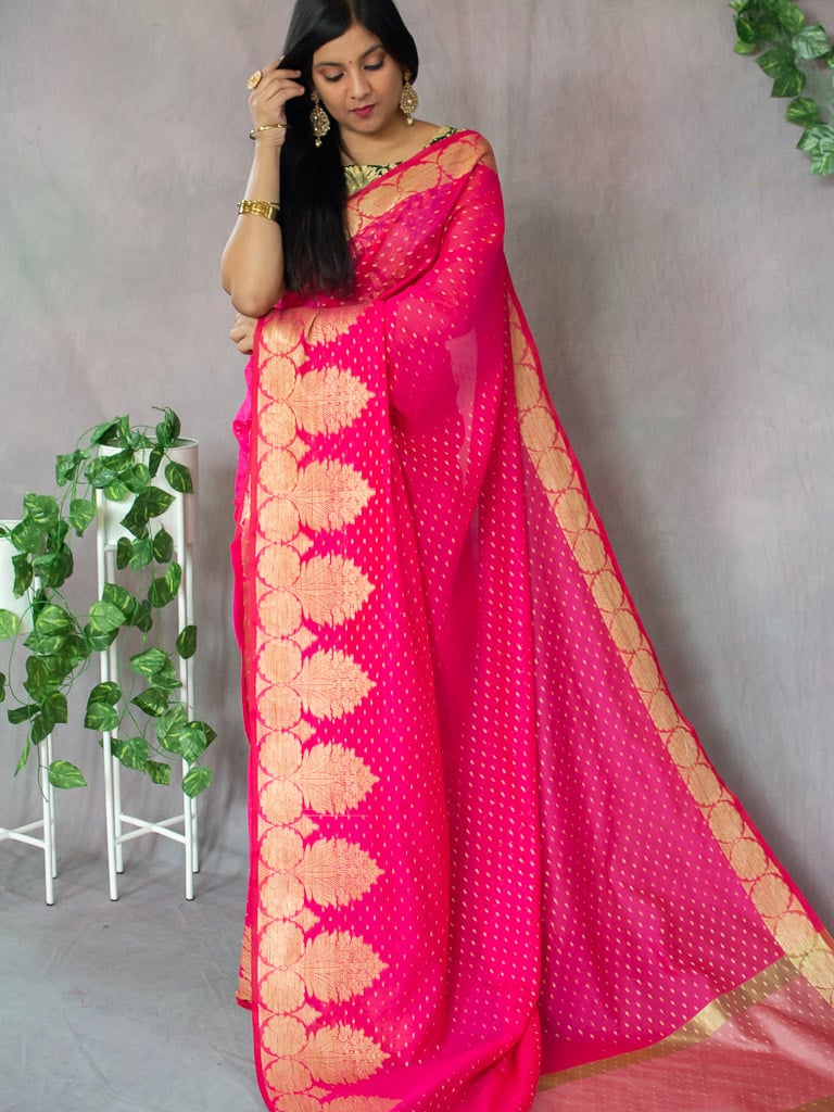 Banarasi Cotton Mix Saree With Floral Border -Pink