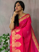 Banarasi Cotton Mix Saree With Floral Border -Pink