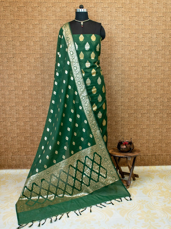 Banarasi Cotton Silk Dual Shade Salwar Kameez Material With Silver Zari Weaving-Green