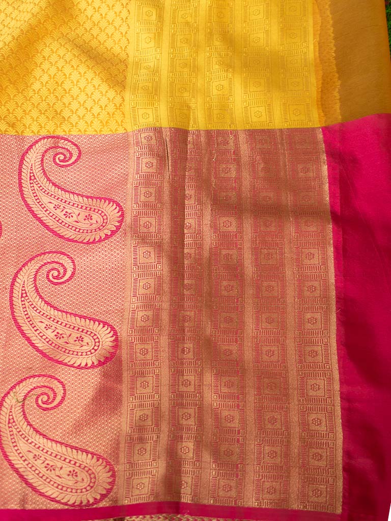 Banarasi Kora Muslin Half & Half Saree With Tanchoi Weaving -Yellow & Pink