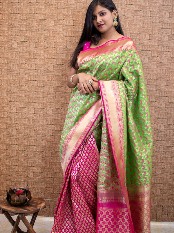 Banarasi Art Silk Half & Half Saree With Meenakari Weaving-Green & Pink