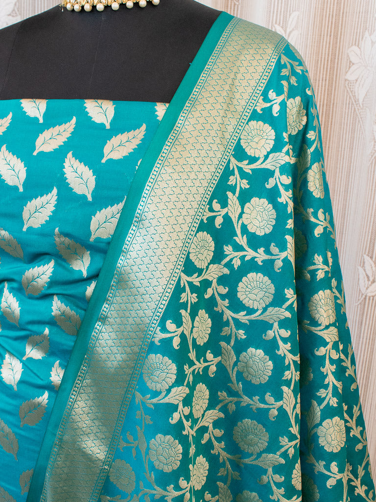 Banarasi Art katan Silk Leaf Buti Salwar Kameez Fabric With Dupatta-Teal Blue